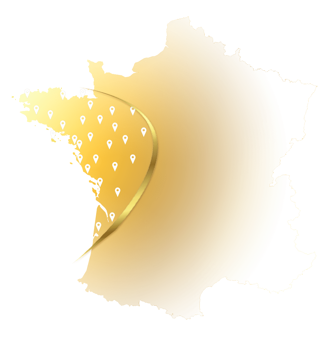 Carte des zones d'intervention Casino Group pour l'organisation de soirées casino en Bretagne, Pays de la Loire et Nouvelle-Aquitaine.