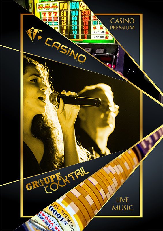 Affiche premium combinant une chanteuse de jazz du Groupe Cocktail et des jetons de casino de Casino Group pour soirée événementielle.